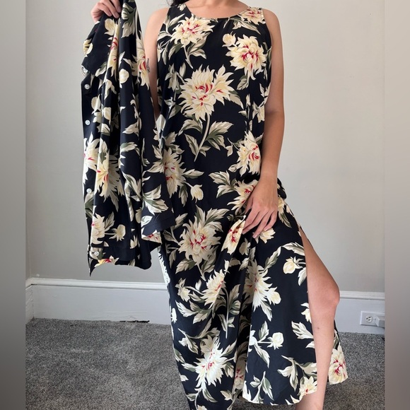 Dresses & Skirts - Y2K‎ Silk Fairycore Black Floral Whimsical Set Maxi dress Button Down Top Large